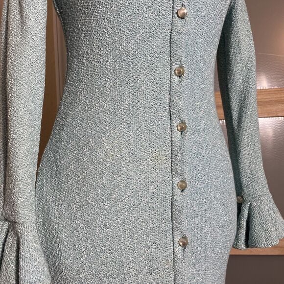 Mollie Parnis Women Evening Dress 1970s Vintage Gown Blue Long Sleeve Button Up - Picture 3 of 12